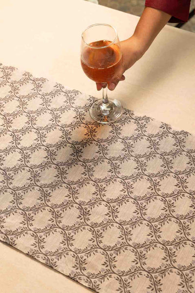 Woven Harmony – Elegant Grey Cutwork Table Linen