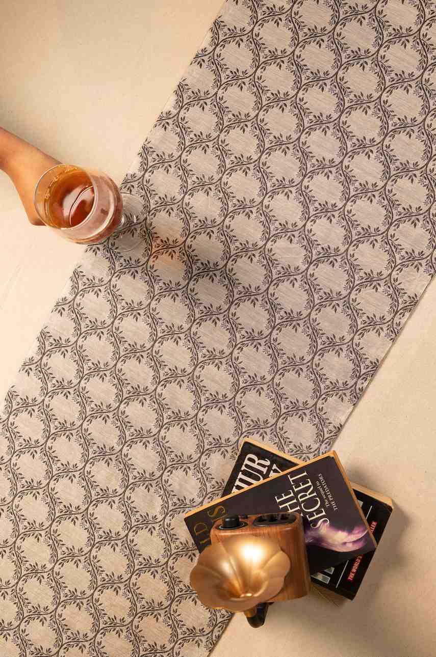 Woven Harmony – Elegant Grey Cutwork Table Linen