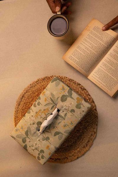 Golden Bloom – Handmade Fabric Tissue Box with Floral Charm