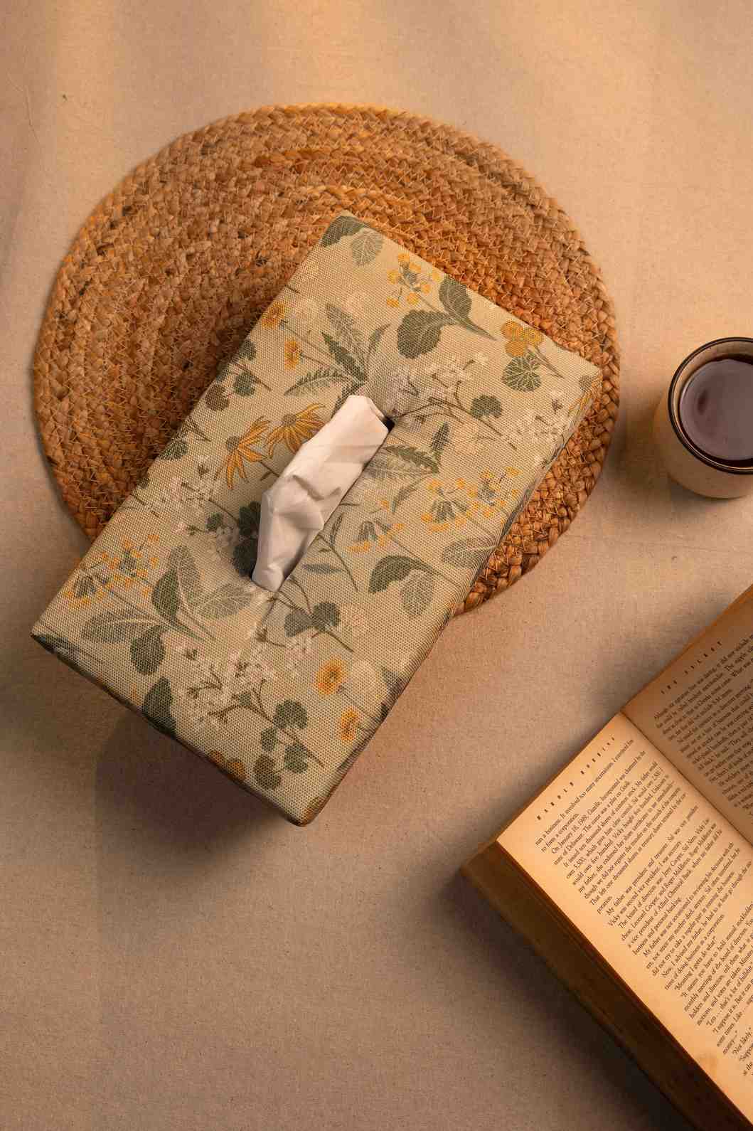 Golden Bloom – Handmade Fabric Tissue Box with Floral Charm