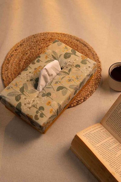 Golden Bloom – Handmade Fabric Tissue Box with Floral Charm