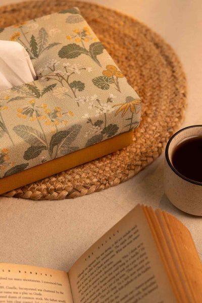 Golden Bloom – Handmade Fabric Tissue Box with Floral Charm