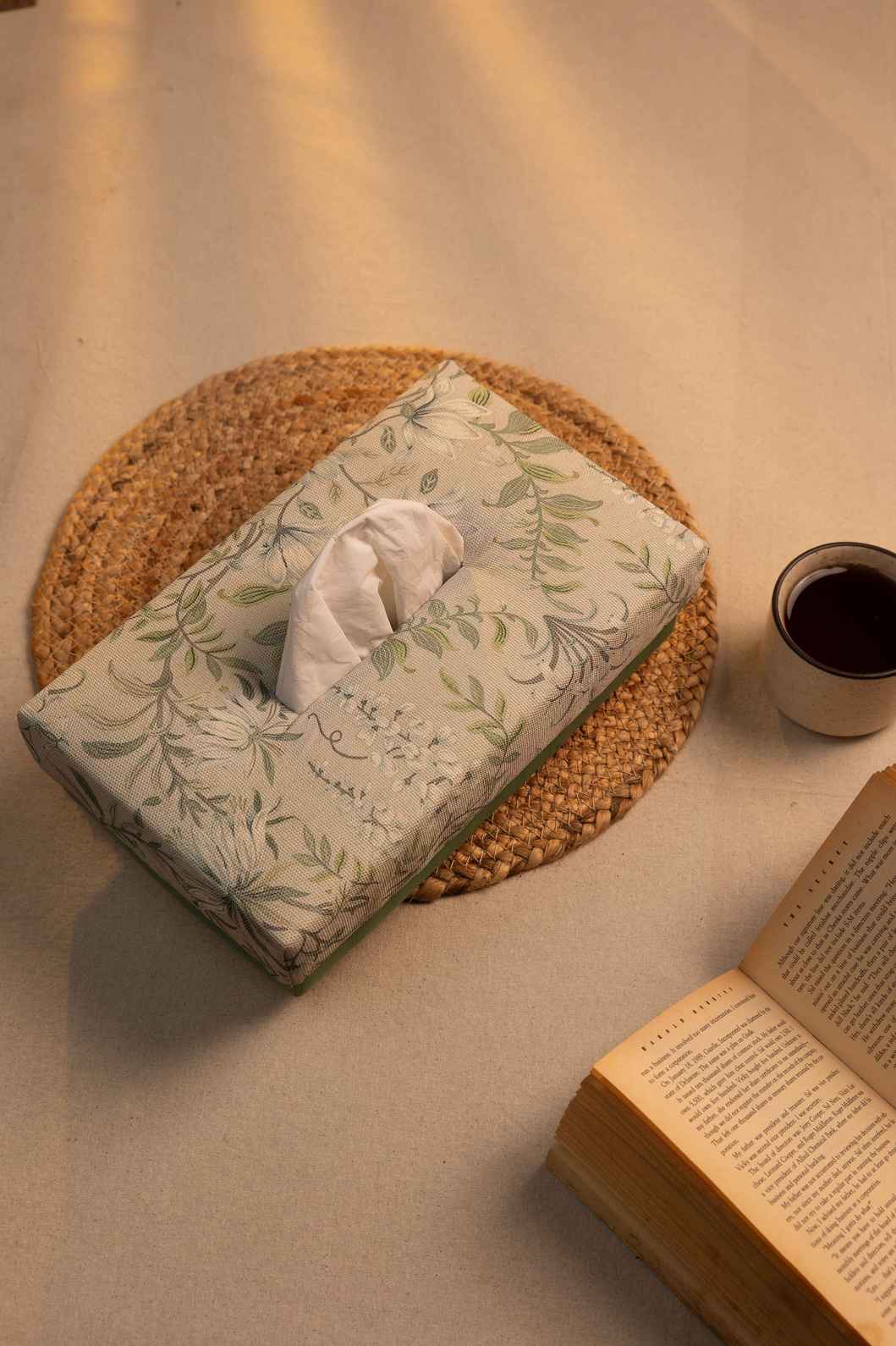 Nature’s Calm – Handcrafted Tissue Box with Green Leaf Motif