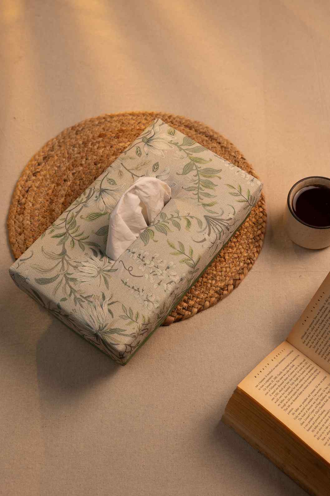 Nature’s Calm – Handcrafted Tissue Box with Green Leaf Motif