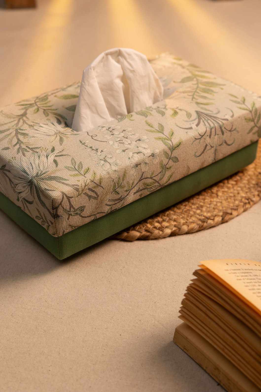 Nature’s Calm – Handcrafted Tissue Box with Green Leaf Motif
