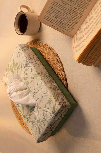 Nature’s Calm – Handcrafted Tissue Box with Green Leaf Motif