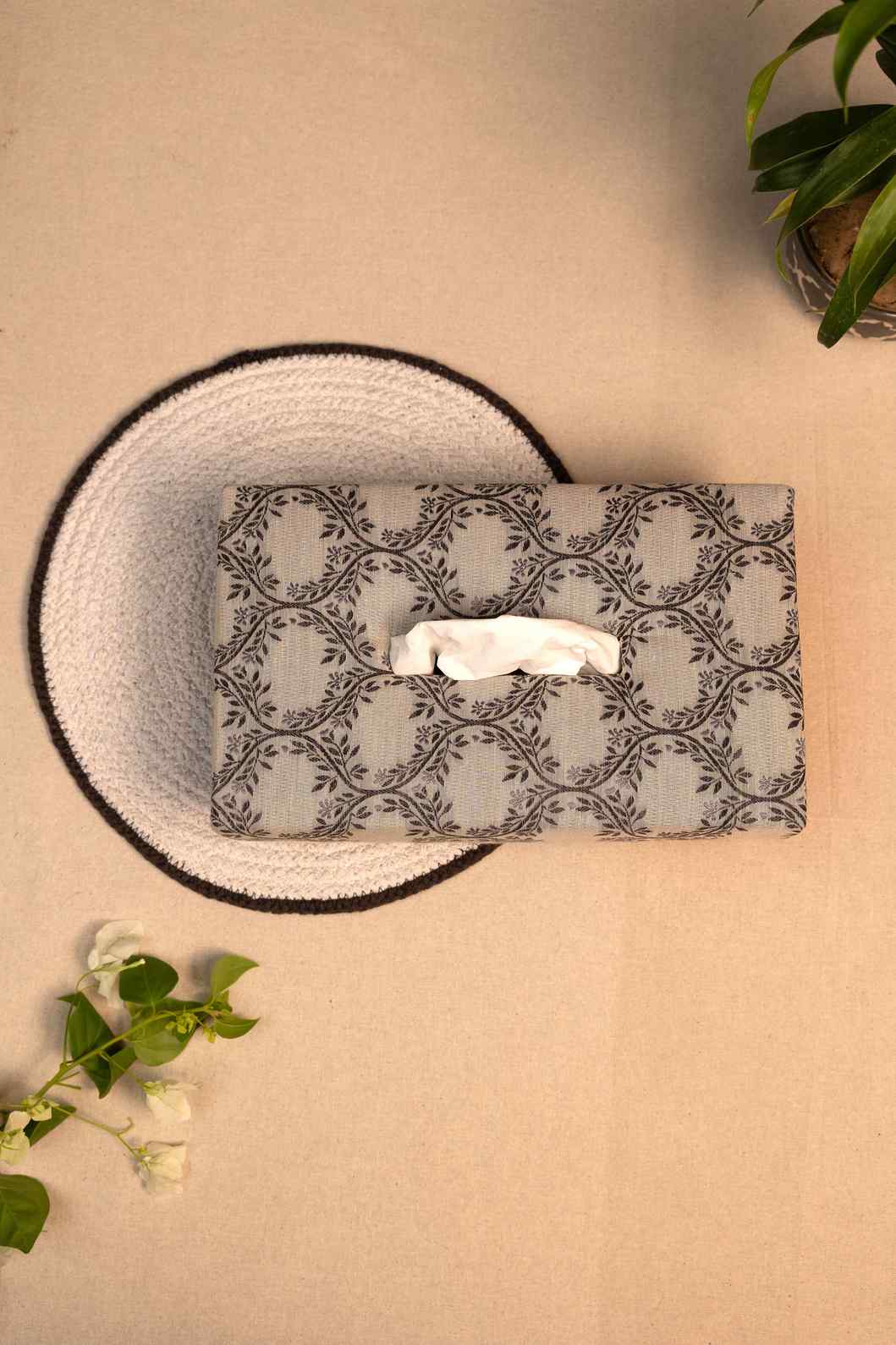 Eternal Vines – Handmade Fabric Tissue Box Cover in Classic Off White & Black