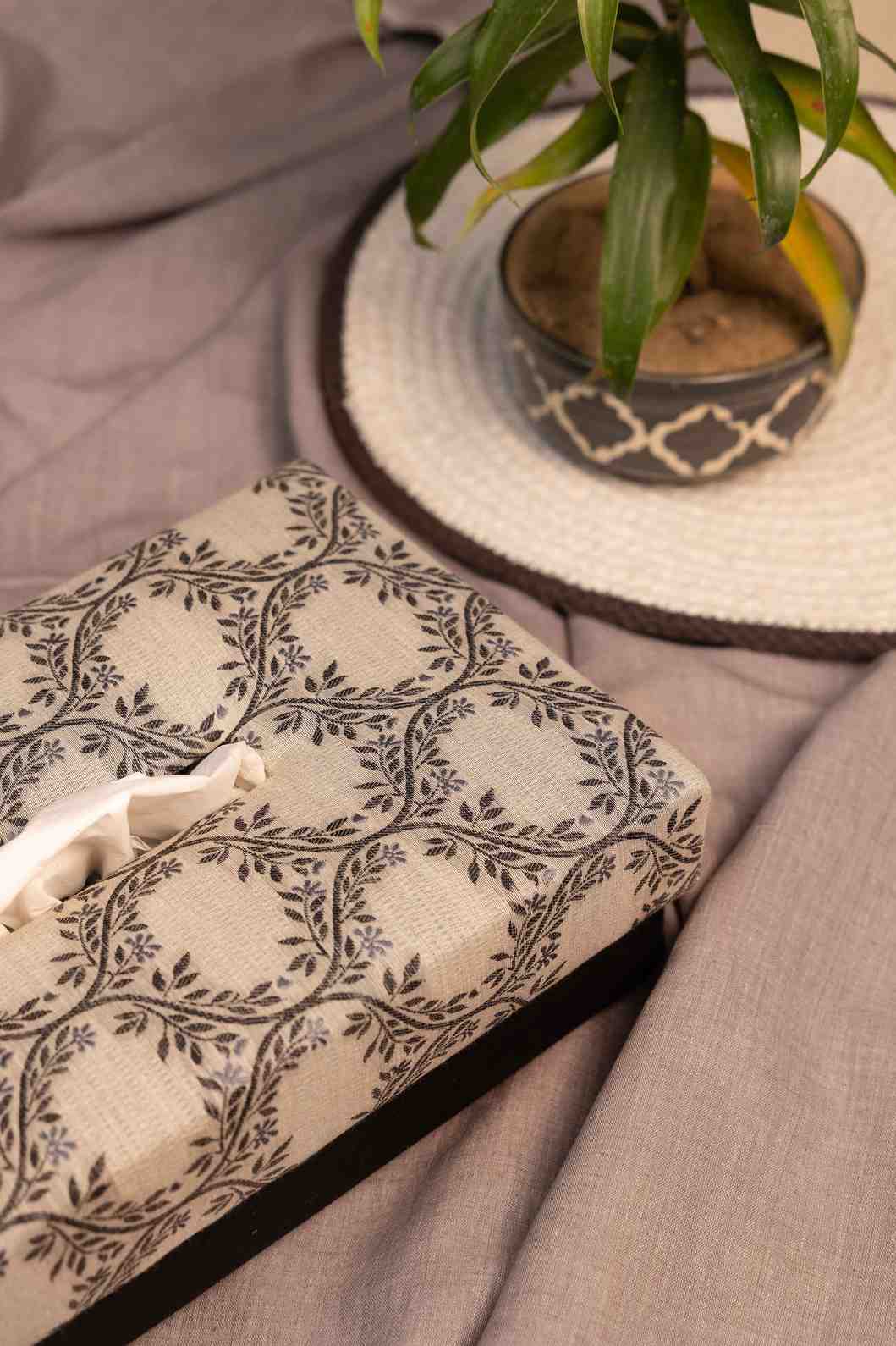 Eternal Vines – Handmade Fabric Tissue Box Cover in Classic Off White & Black