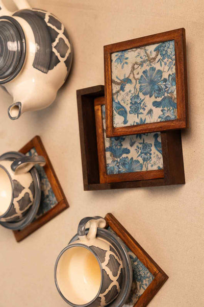 Azure Garden – Handcrafted Wooden Coasters with Blue Bird & Floral Fabric (Set of 4 + Case)