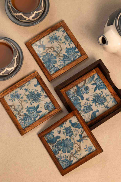 Azure Garden – Handcrafted Wooden Coasters with Blue Bird & Floral Fabric (Set of 4 + Case)