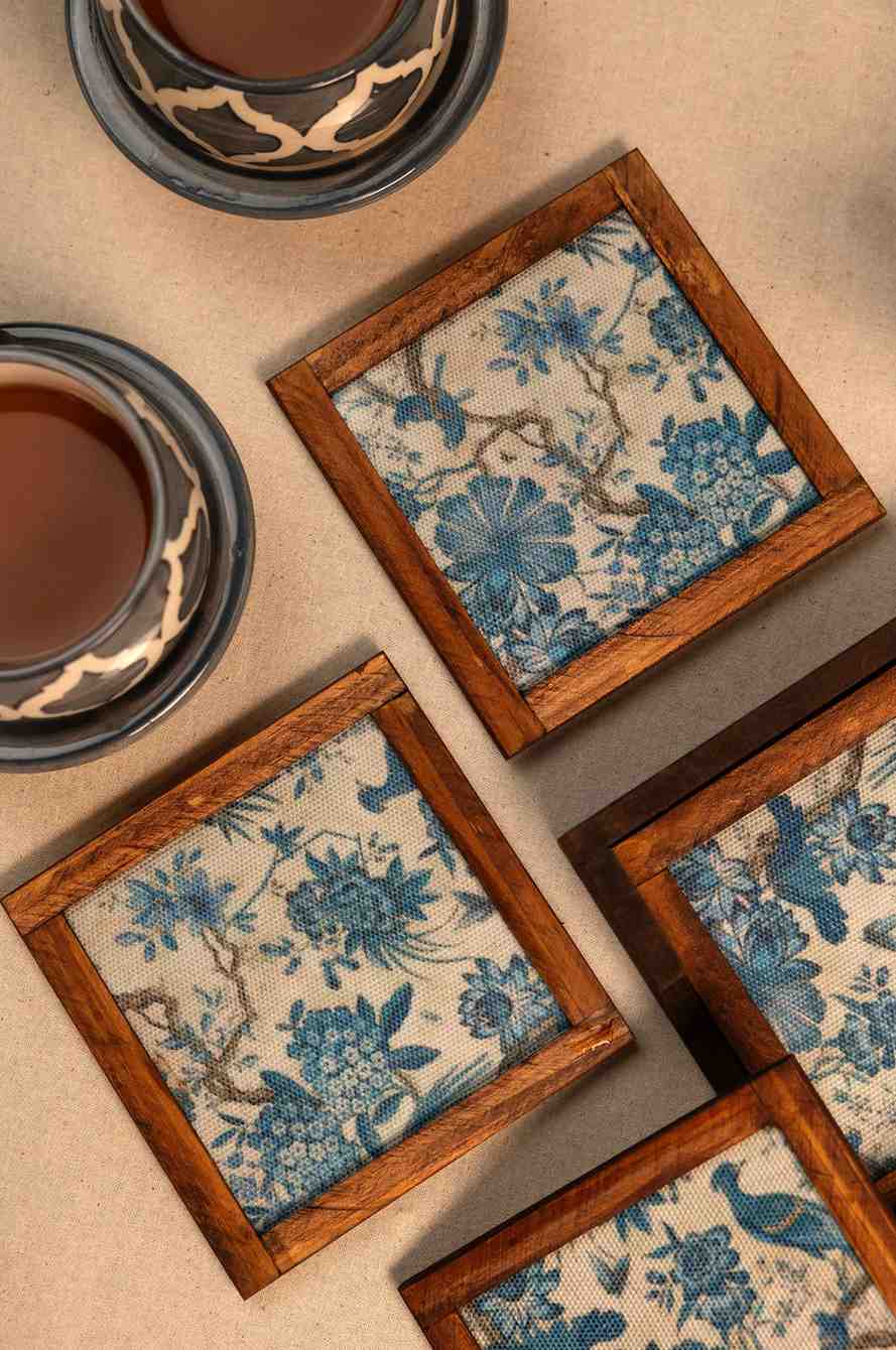 Azure Garden – Handcrafted Wooden Coasters with Blue Bird & Floral Fabric (Set of 4 + Case)