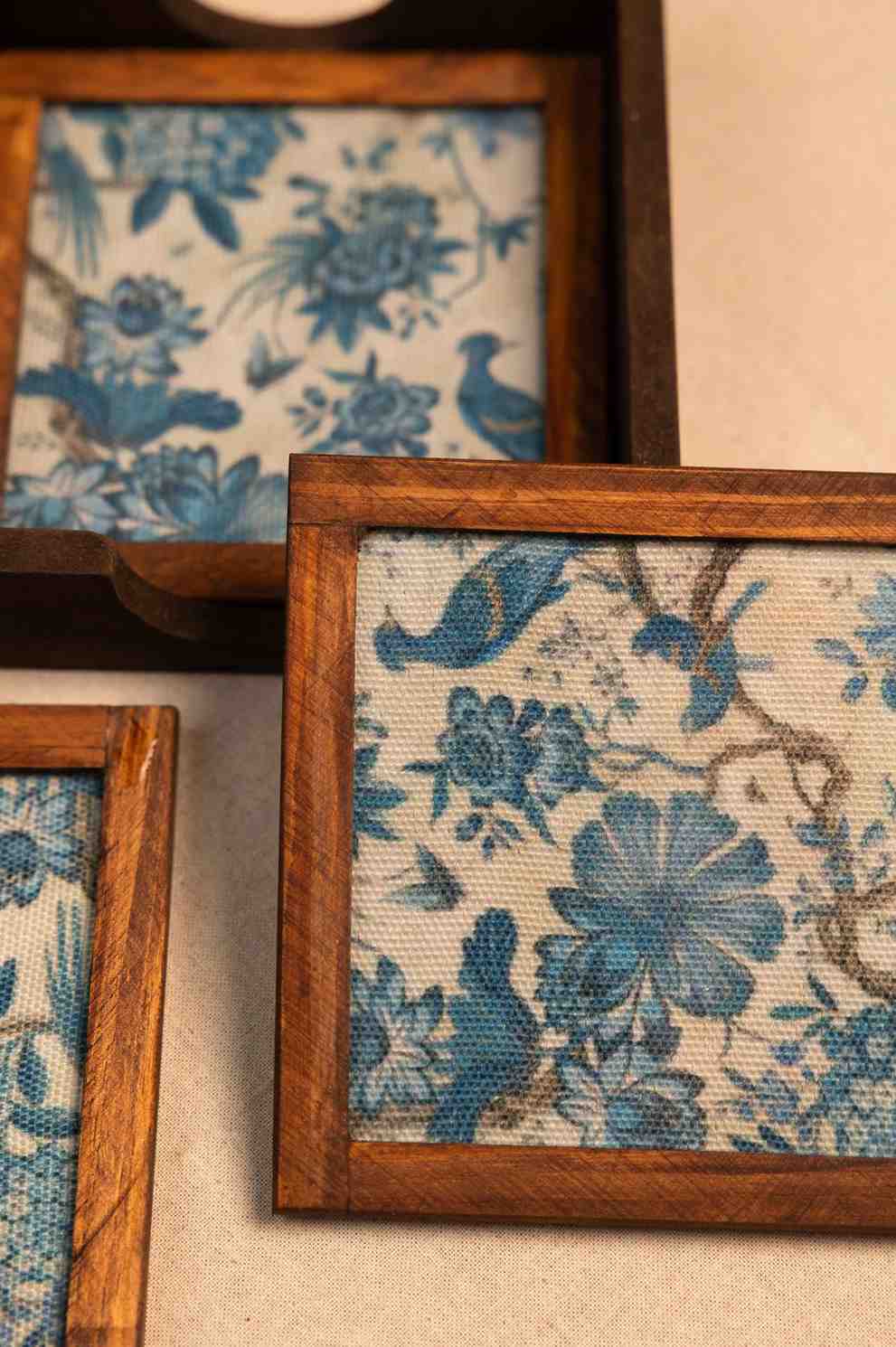 Azure Garden – Handcrafted Wooden Coasters with Blue Bird & Floral Fabric (Set of 4 + Case)