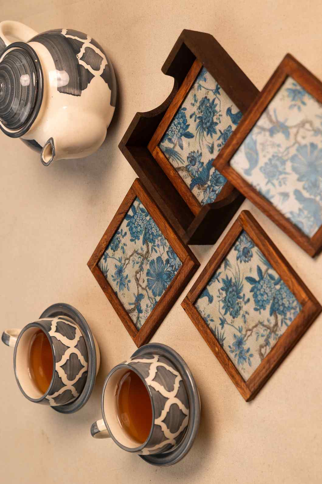 Azure Garden – Handcrafted Wooden Coasters with Blue Bird & Floral Fabric (Set of 4 + Case)