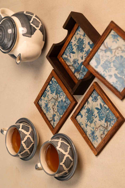 Azure Garden – Handcrafted Wooden Coasters with Blue Bird & Floral Fabric (Set of 4 + Case)