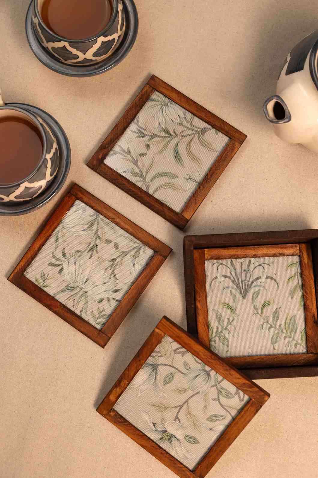 Whispering Blooms – Handcrafted Wooden Frame Fabric Coasters with Glass Top (Set of 4 + Case)