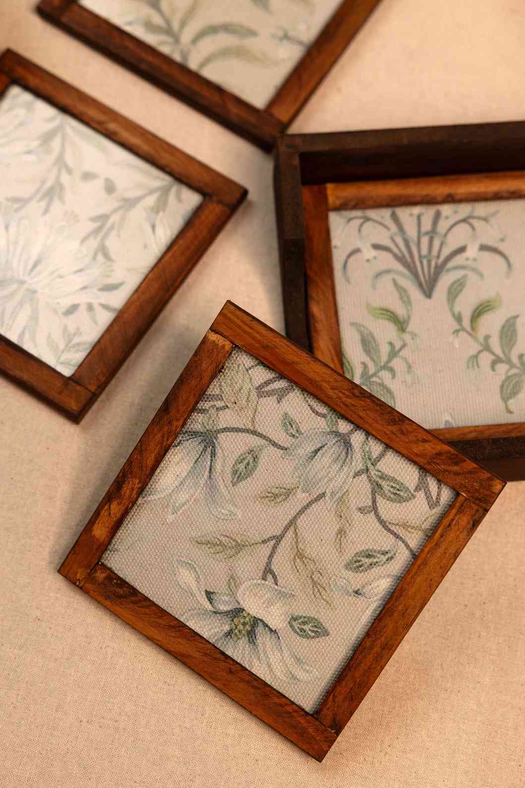 Whispering Blooms – Handcrafted Wooden Frame Fabric Coasters with Glass Top (Set of 4 + Case)