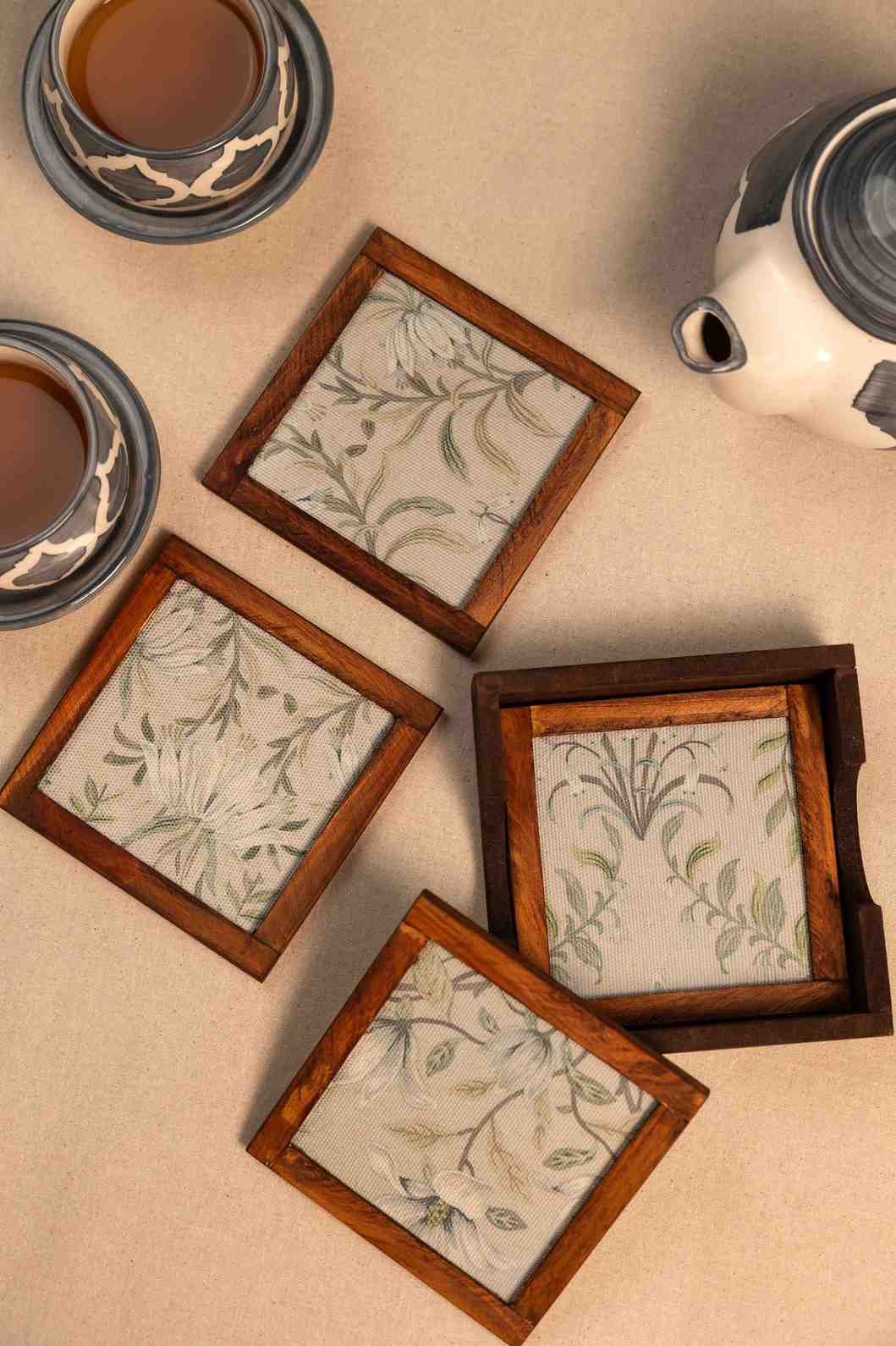Whispering Blooms – Handcrafted Wooden Frame Fabric Coasters with Glass Top (Set of 4 + Case)