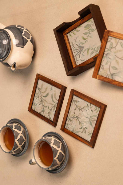 Whispering Blooms – Handcrafted Wooden Frame Fabric Coasters with Glass Top (Set of 4 + Case)