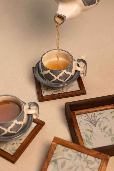 Whispering Blooms – Handcrafted Wooden Frame Fabric Coasters with Glass Top (Set of 4 + Case)