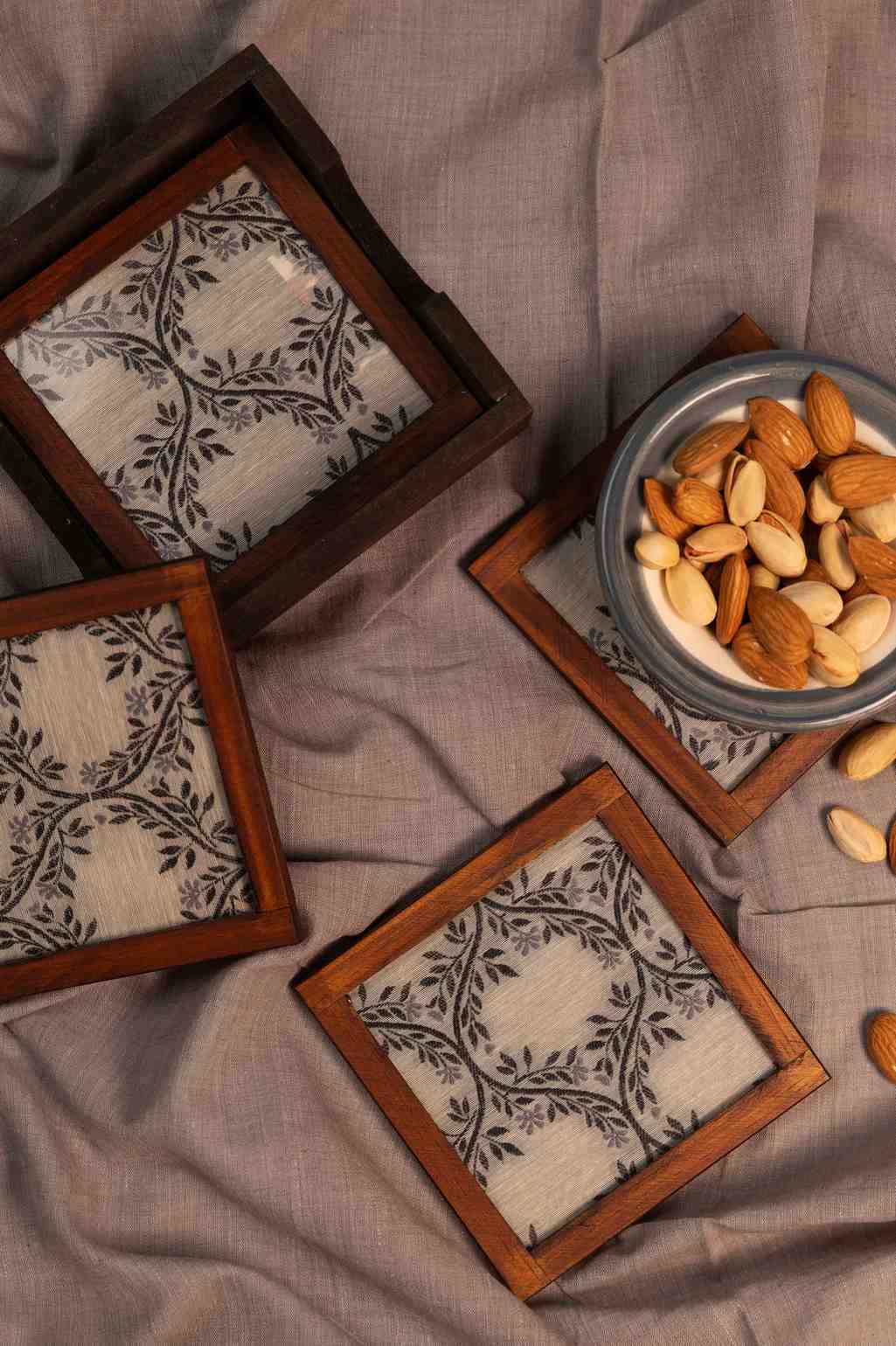 Monochrome Elegance – Handcrafted Wooden Frame Fabric Coasters with Glass Top (Set of 4 + Case)