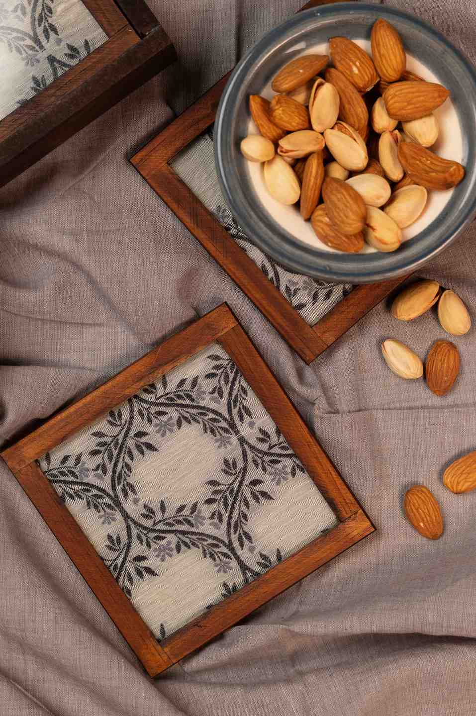 Monochrome Elegance – Handcrafted Wooden Frame Fabric Coasters with Glass Top (Set of 4 + Case)