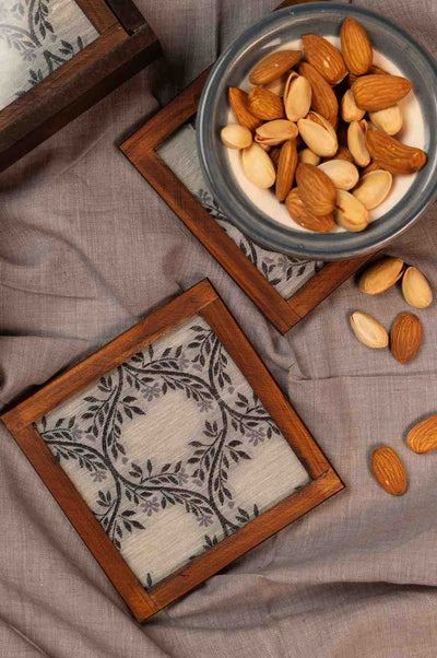Monochrome Elegance – Handcrafted Wooden Frame Fabric Coasters with Glass Top (Set of 4 + Case)
