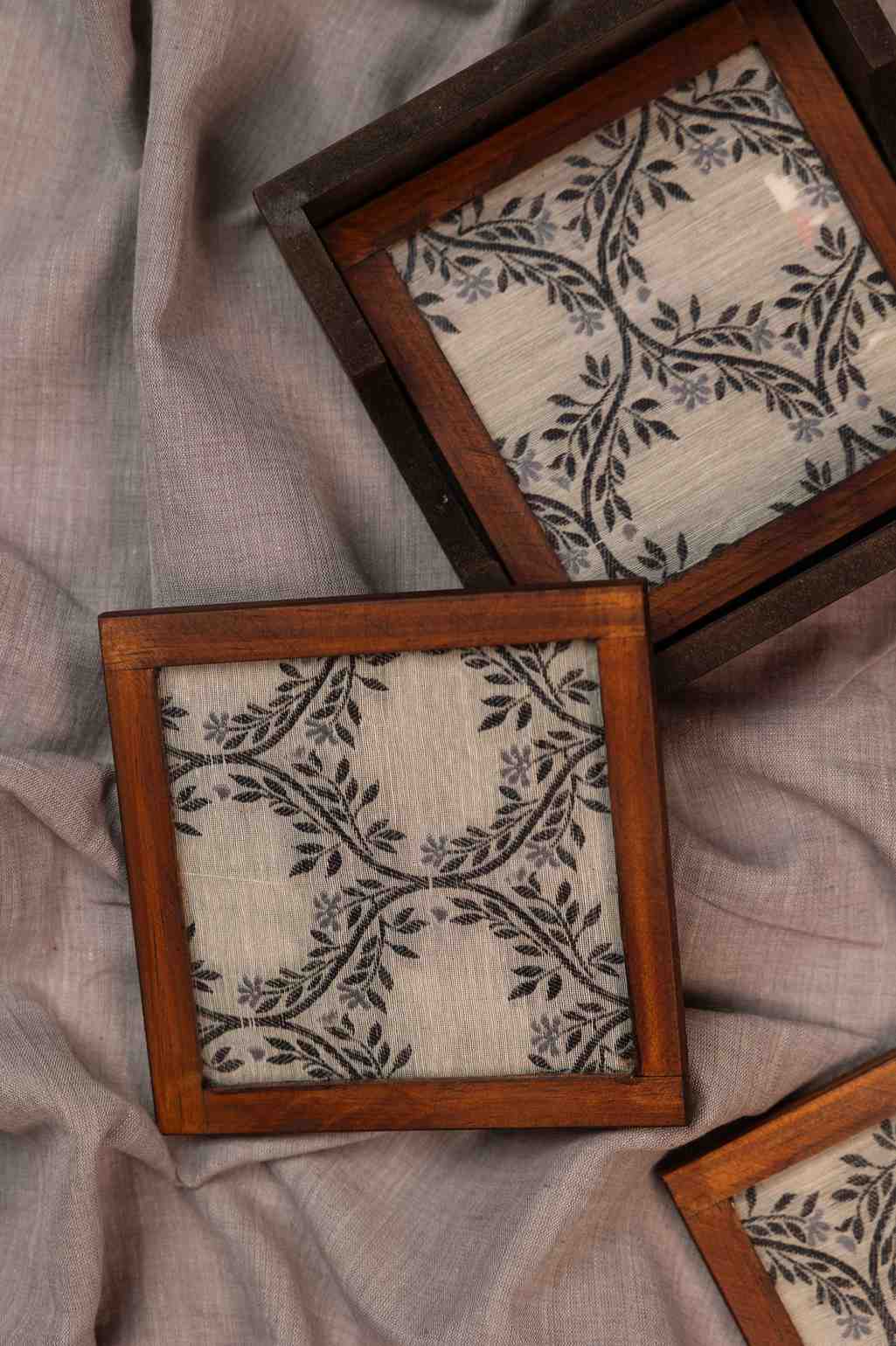 Monochrome Elegance – Handcrafted Wooden Frame Fabric Coasters with Glass Top (Set of 4 + Case)