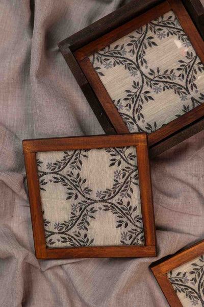 Monochrome Elegance – Handcrafted Wooden Frame Fabric Coasters with Glass Top (Set of 4 + Case)