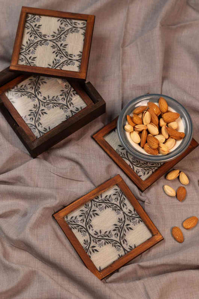Monochrome Elegance – Handcrafted Wooden Frame Fabric Coasters with Glass Top (Set of 4 + Case)