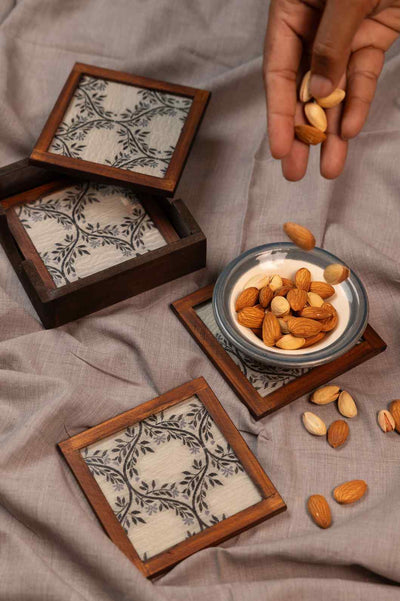 Monochrome Elegance – Handcrafted Wooden Frame Fabric Coasters with Glass Top (Set of 4 + Case)