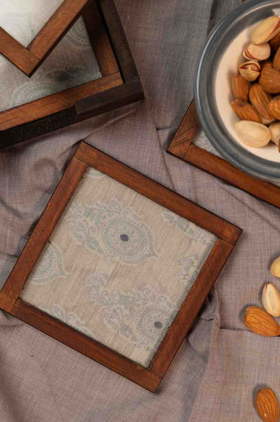 Paisley Elegance – Handcrafted Wooden Frame Fabric Coasters with Glass Top (Set of 4 + Case)