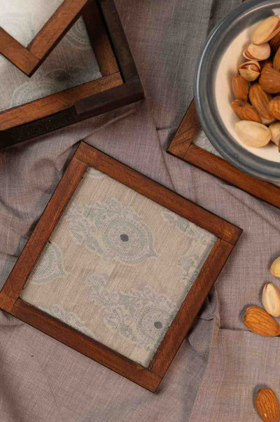 Paisley Elegance – Handcrafted Wooden Frame Fabric Coasters with Glass Top (Set of 4 + Case)