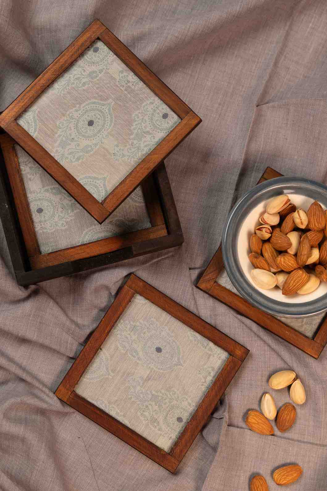 Paisley Elegance – Handcrafted Wooden Frame Fabric Coasters with Glass Top (Set of 4 + Case)