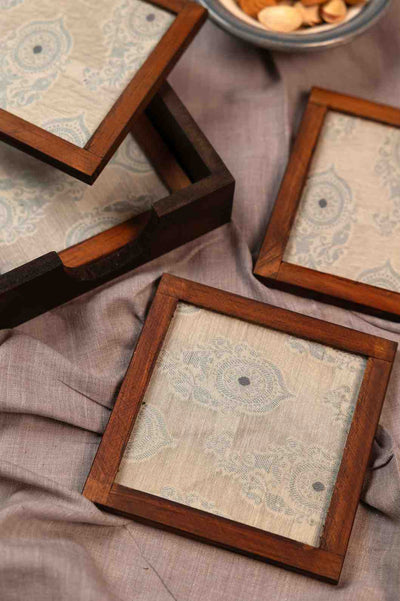 Paisley Elegance – Handcrafted Wooden Frame Fabric Coasters with Glass Top (Set of 4 + Case)