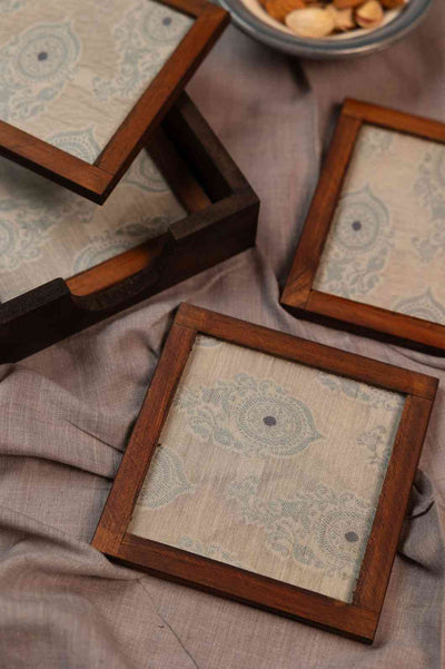 Paisley Elegance – Handcrafted Wooden Frame Fabric Coasters with Glass Top (Set of 4 + Case)