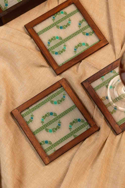 Floral Grace – Handcrafted Wooden Frame Fabric Coasters with Glass Top (Set of 4 + Case)
