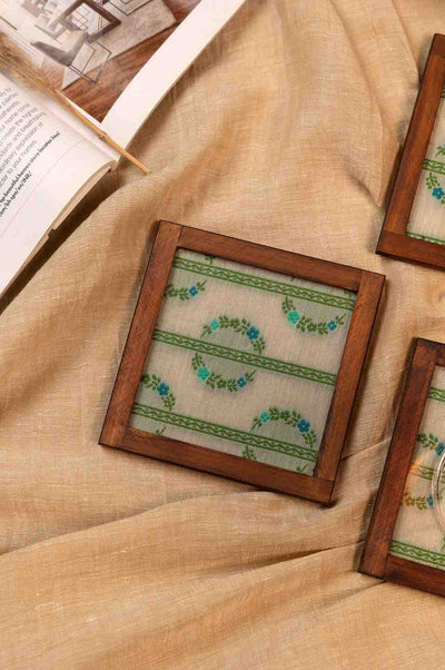 Floral Grace – Handcrafted Wooden Frame Fabric Coasters with Glass Top (Set of 4 + Case)