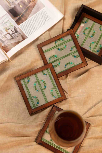 Floral Grace – Handcrafted Wooden Frame Fabric Coasters with Glass Top (Set of 4 + Case)