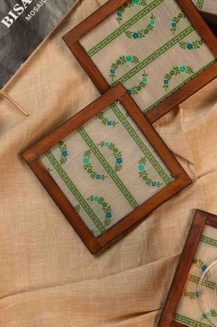 Floral Grace – Handcrafted Wooden Frame Fabric Coasters with Glass Top (Set of 4 + Case)