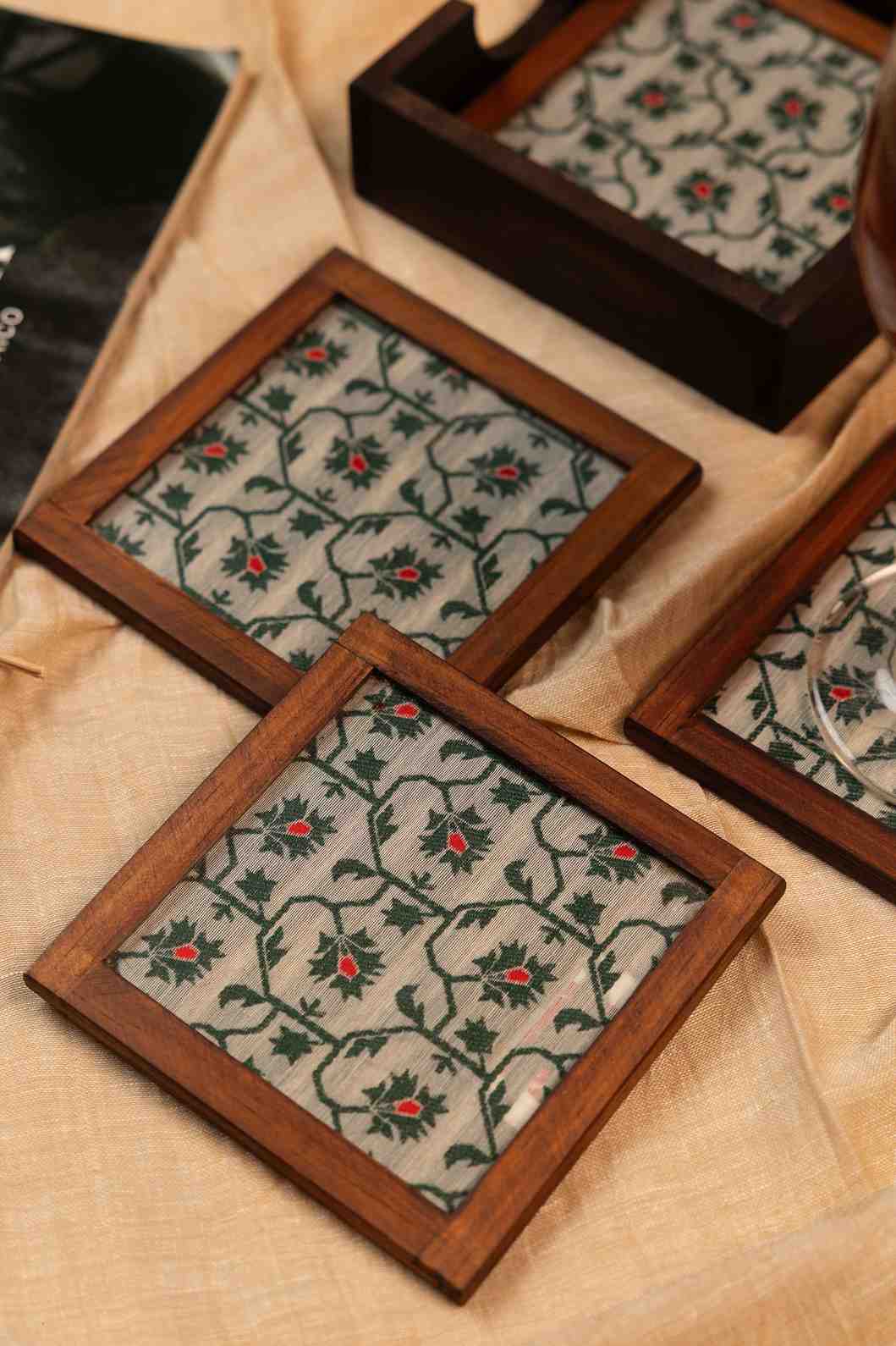Heritage Charm – Handcrafted Wooden Frame Fabric Coasters with Glass Top (Set of 4 + Case)