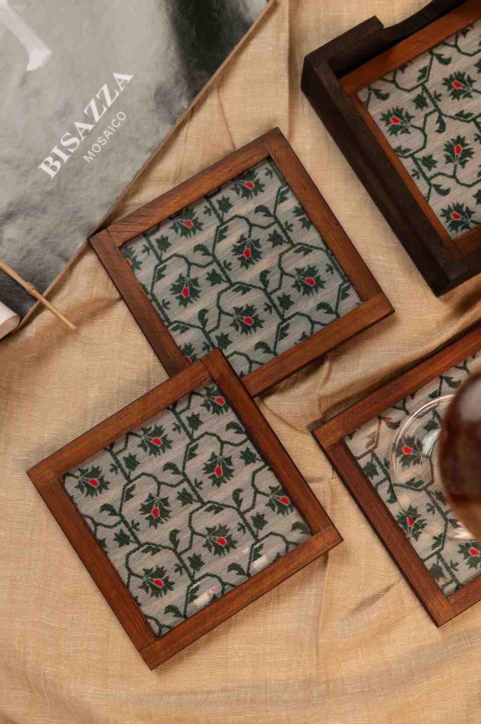 Heritage Charm – Handcrafted Wooden Frame Fabric Coasters with Glass Top (Set of 4 + Case)
