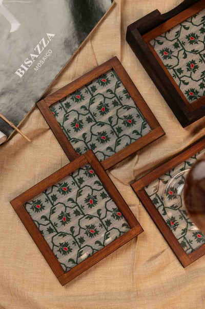 Heritage Charm – Handcrafted Wooden Frame Fabric Coasters with Glass Top (Set of 4 + Case)