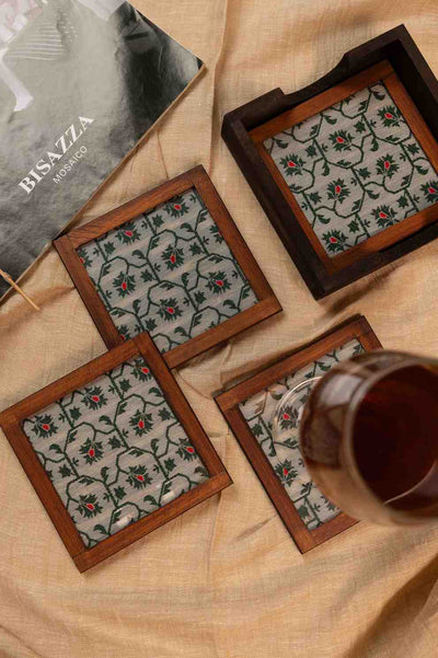 Heritage Charm – Handcrafted Wooden Frame Fabric Coasters with Glass Top (Set of 4 + Case)