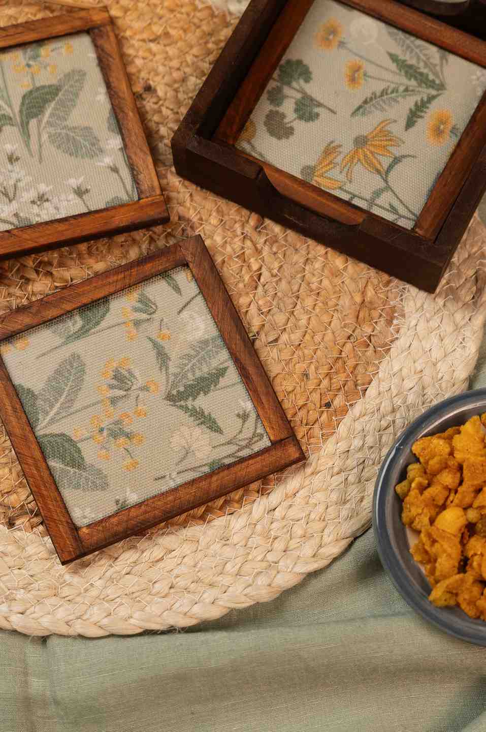Rustic Charm – Handcrafted Wooden Frame Fabric Coasters with Glass Top (Set of 4 + Case)