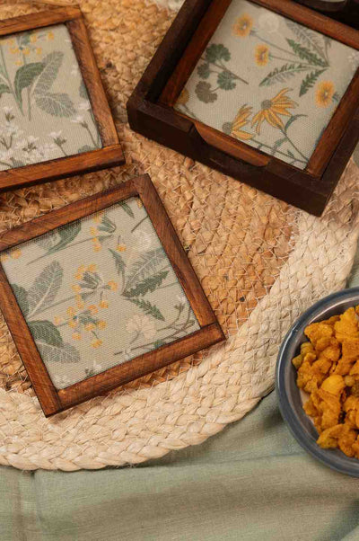 Rustic Charm – Handcrafted Wooden Frame Fabric Coasters with Glass Top (Set of 4 + Case)