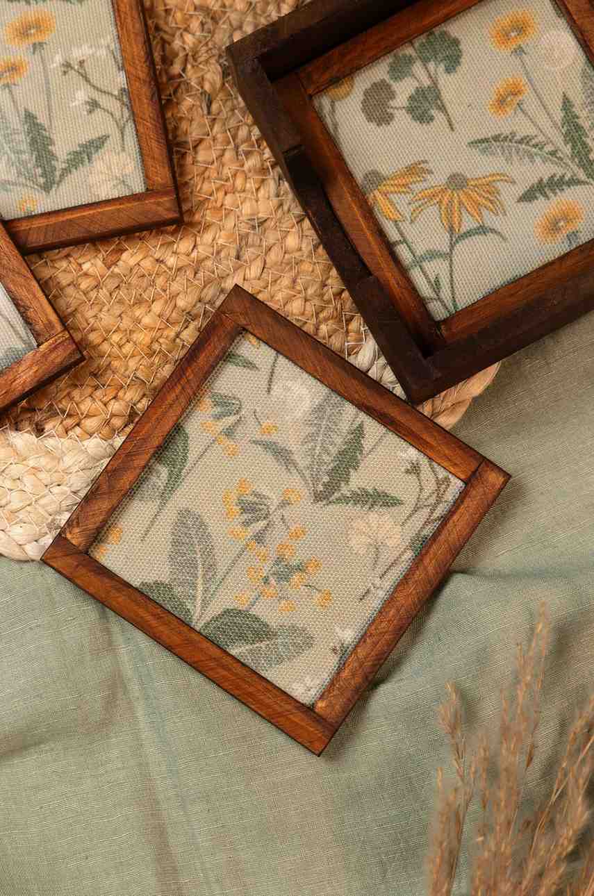 Rustic Charm – Handcrafted Wooden Frame Fabric Coasters with Glass Top (Set of 4 + Case)