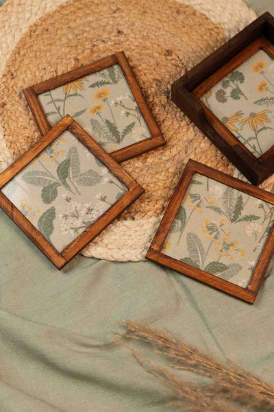 Rustic Charm – Handcrafted Wooden Frame Fabric Coasters with Glass Top (Set of 4 + Case)