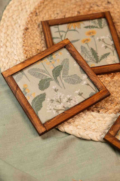 Rustic Charm – Handcrafted Wooden Frame Fabric Coasters with Glass Top (Set of 4 + Case)