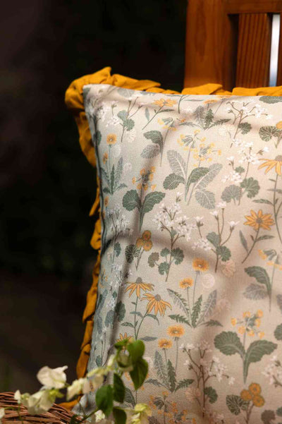 Golden Petals – Floral Print Cotton Cushion