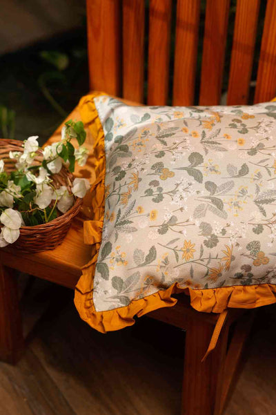 Golden Petals – Floral Print Cotton Cushion